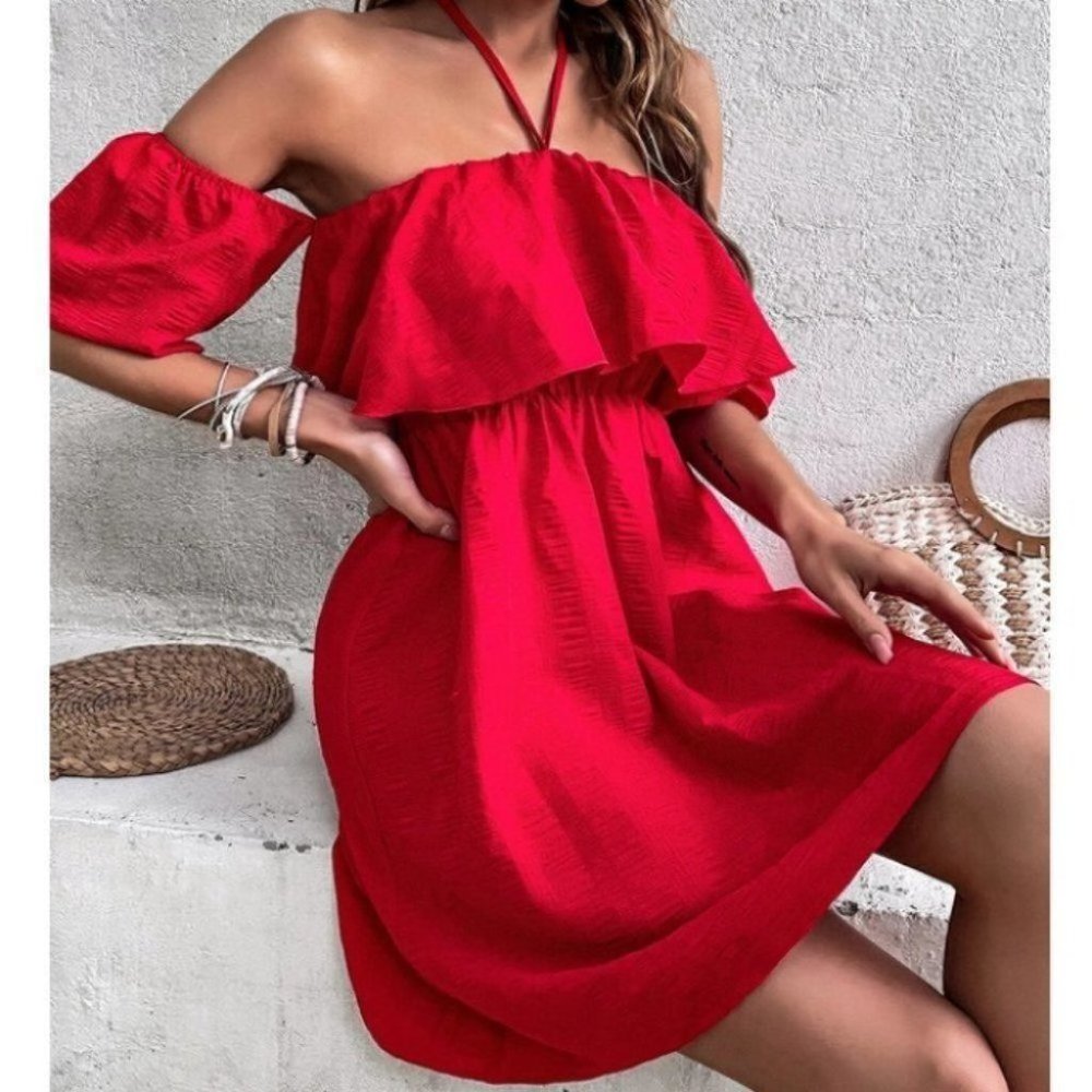Tie Back Off Shoulder Ruffle Trim Dress - Picture 5 of 9
